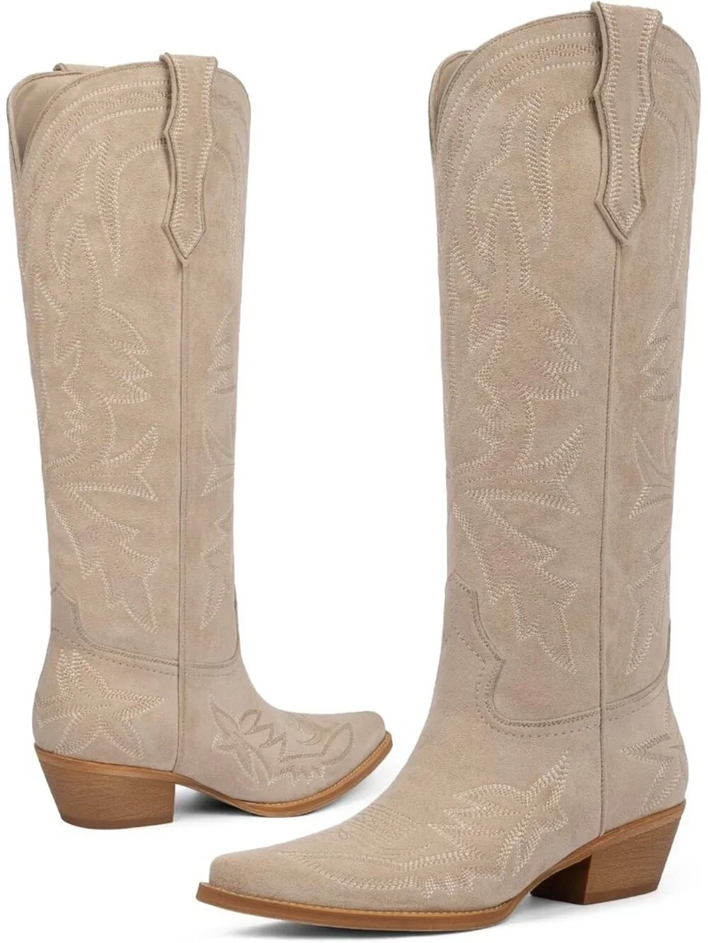Women's Suede tan Knee High Boots Embroidered Pull on Pointed Toe Chunky Heel